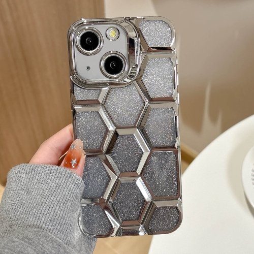 

For iPhone 13 Electroplating Laser Engraving 3D Honeycomb Glitter TPU Phone Case(Silver)