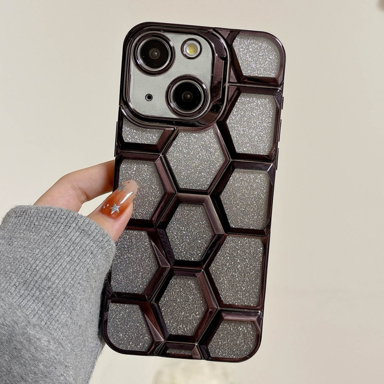 

For iPhone 13 Electroplating Laser Engraving 3D Honeycomb Glitter TPU Phone Case(Black)