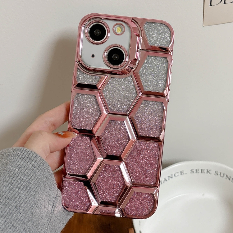 

For iPhone 13 Electroplating Laser Engraving 3D Honeycomb Glitter TPU Phone Case(Pink)