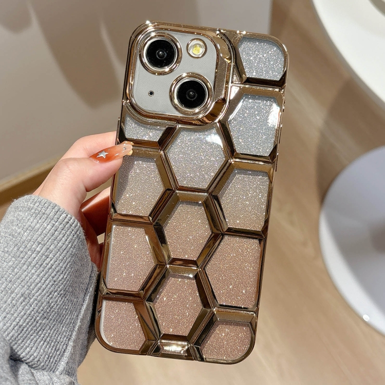 

For iPhone 13 Electroplating Laser Engraving 3D Honeycomb Glitter TPU Phone Case(Gold)