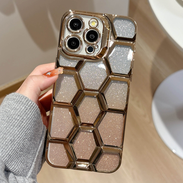 

For iPhone 13 Pro Electroplating Laser Engraving 3D Honeycomb Glitter TPU Phone Case(Gold)