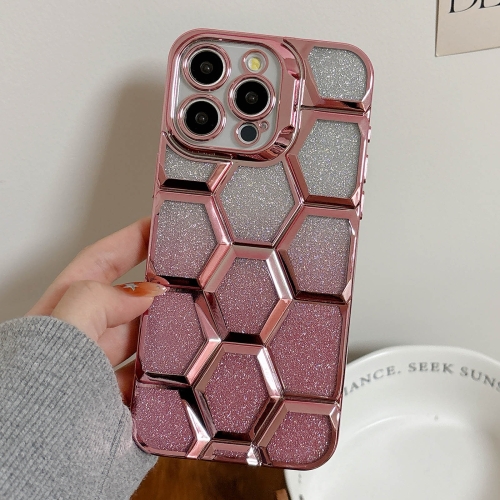 

For iPhone 13 Pro Max Electroplating Laser Engraving 3D Honeycomb Glitter TPU Phone Case(Pink)