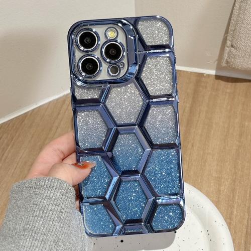 

For iPhone 14 Pro Max Electroplating Laser Engraving 3D Honeycomb Glitter TPU Phone Case(Blue)