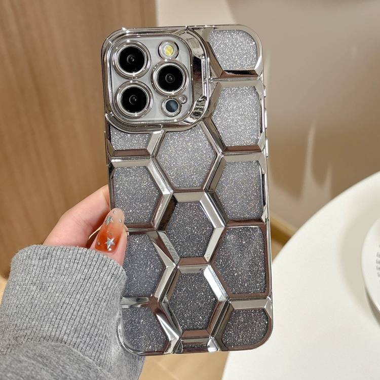 

For iPhone 14 Pro Electroplating Laser Engraving 3D Honeycomb Glitter TPU Phone Case(Silver)