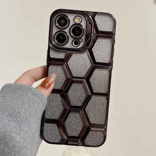 

For iPhone 14 Pro Electroplating Laser Engraving 3D Honeycomb Glitter TPU Phone Case(Black)