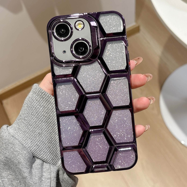 

For iPhone 14 Electroplating Laser Engraving 3D Honeycomb Glitter TPU Phone Case(Purple)