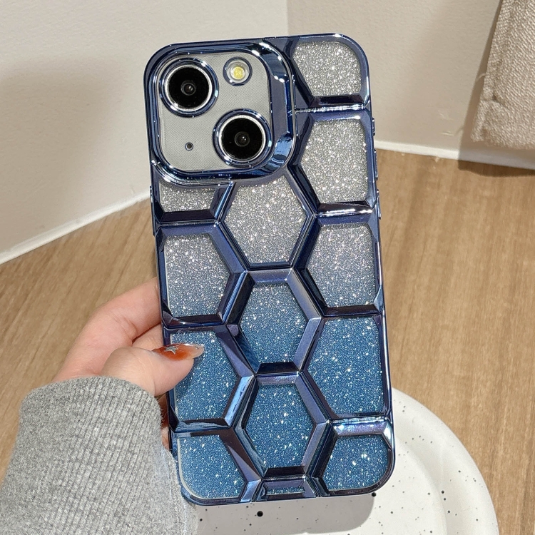 

For iPhone 15 Electroplating Laser Engraving 3D Honeycomb Glitter TPU Phone Case(Blue)