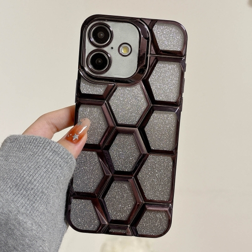 

For iPhone 16 Plus Electroplating Laser Engraving 3D Honeycomb Glitter TPU Phone Case(Black)