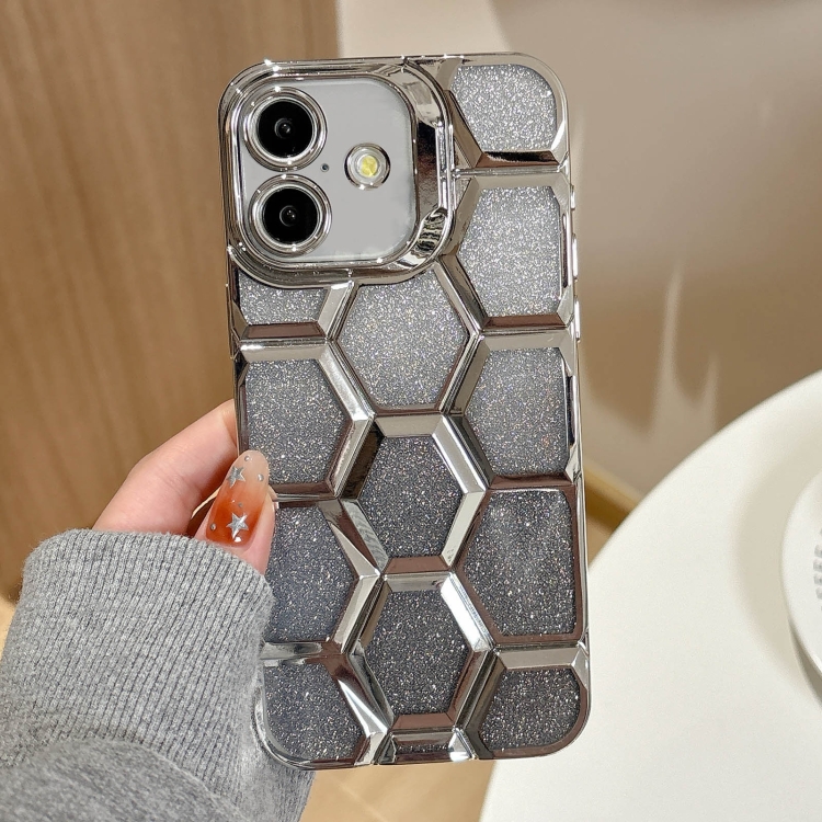 

For iPhone 16 Electroplating Laser Engraving 3D Honeycomb Glitter TPU Phone Case(Silver)