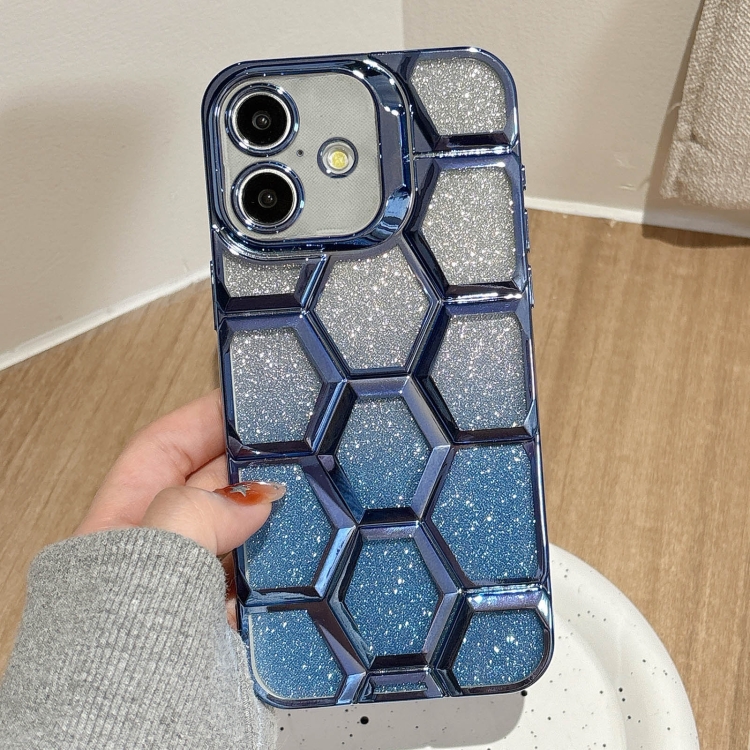 

For iPhone 16 Electroplating Laser Engraving 3D Honeycomb Glitter TPU Phone Case(Blue)