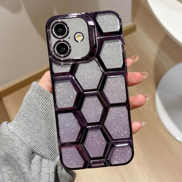 

For iPhone 16 Electroplating Laser Engraving 3D Honeycomb Glitter TPU Phone Case(Purple)