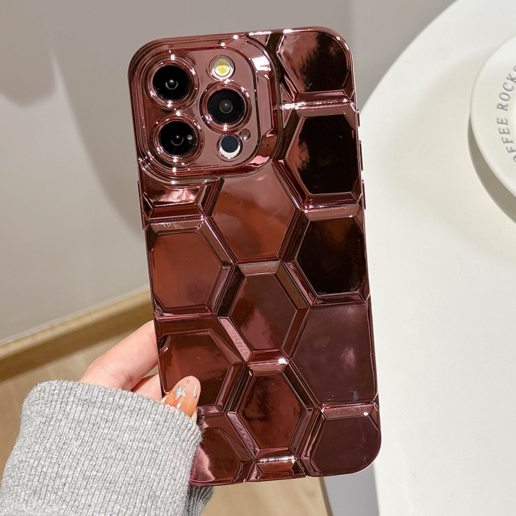 

For iPhone 14 Pro Max Electroplating Laser Engraving 3D Honeycomb TPU Phone Case(Rose Gold)