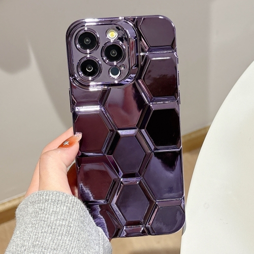 For iPhone 14 Pro Max Electroplating Laser Engraving 3D Honeycomb TPU Phone Case(Purple)