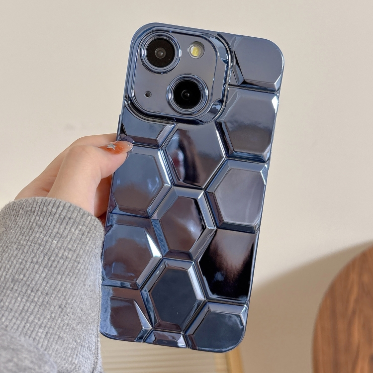 

For iPhone 14 Electroplating Laser Engraving 3D Honeycomb TPU Phone Case(Blue)
