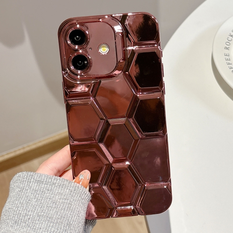 

For iPhone 16 Electroplating Laser Engraving 3D Honeycomb TPU Phone Case(Rose Gold)