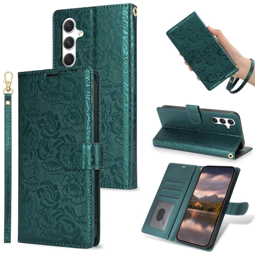 

For Samsung Galaxy A36 Peony Flowers Imprint Leather Phone Case(Green)