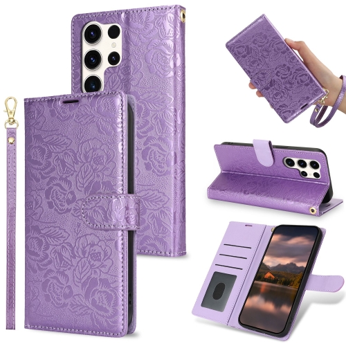 

For Samsung Galaxy S25 Ultra 5G Peony Flowers Imprint Leather Phone Case(Purple)