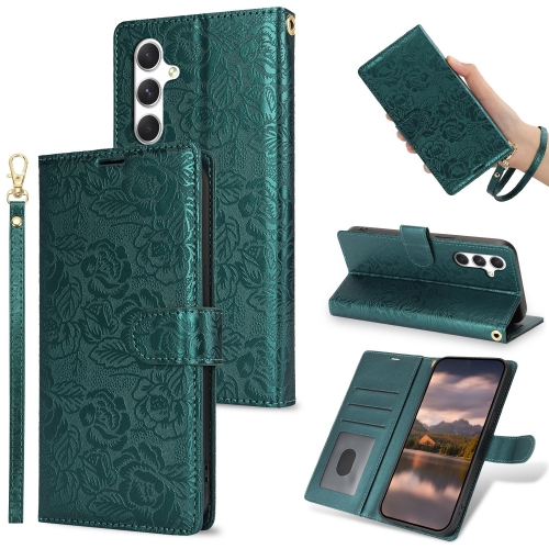 

For Samsung Galaxy S24 FE 5G Peony Flowers Imprint Leather Phone Case(Green)