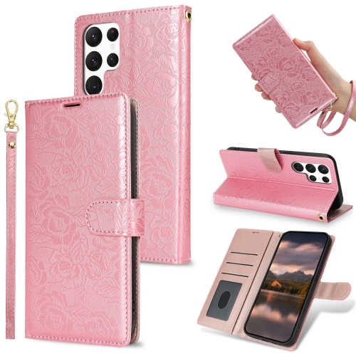 

For Samsung Galaxy S23 Ultra 5G Peony Flowers Imprint Leather Phone Case(Pink)