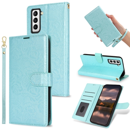 

For Samsung Galaxy S22+ 5G Peony Flowers Imprint Leather Phone Case(Sky Blue)