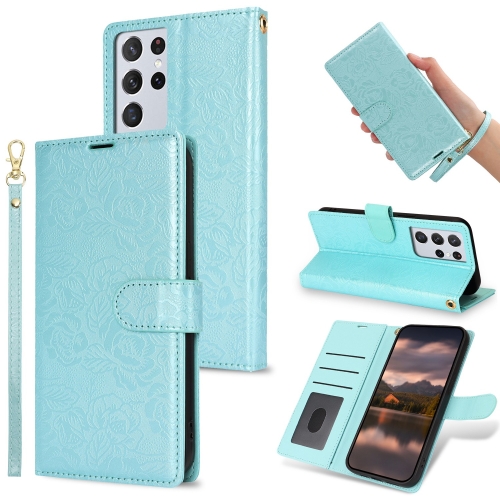 

For Samsung Galaxy S21 Ultra 5G Peony Flowers Imprint Leather Phone Case(Sky Blue)