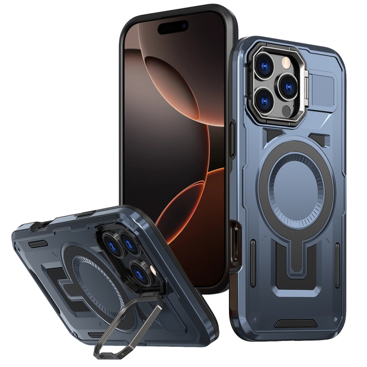 

For iPhone 16 Pro Shield Hollow Frame Holder MagSafe Phone Case(Navy Blue)