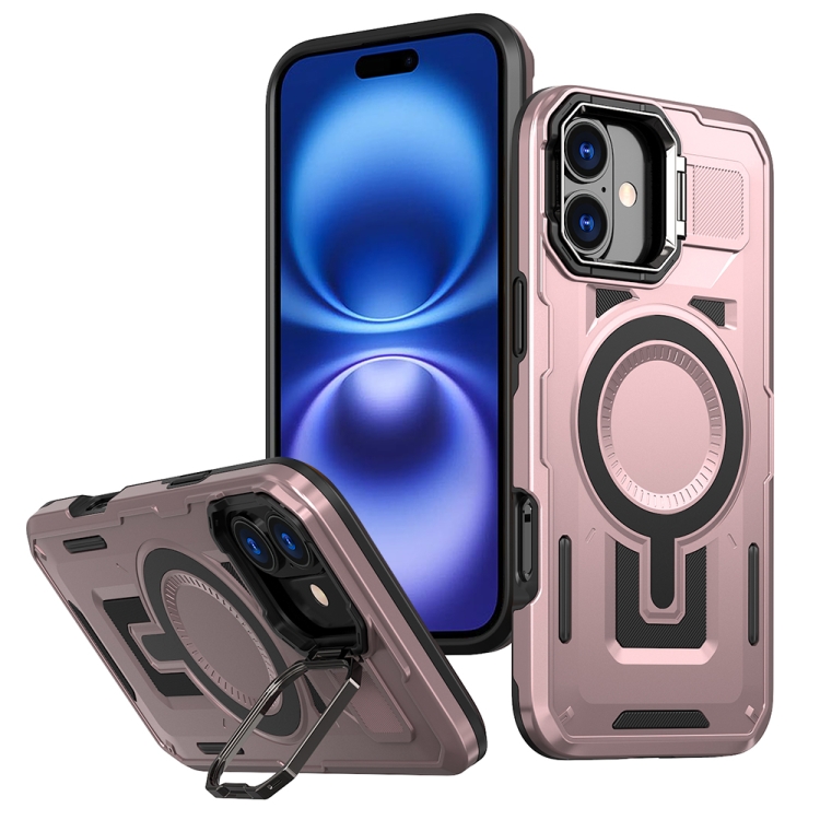 

For iPhone 16 Plus Shield Hollow Frame Holder MagSafe Phone Case(Rose Gold)