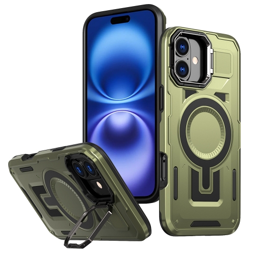 

For iPhone 16 Shield Hollow Frame Holder MagSafe Phone Case(Olive Green)