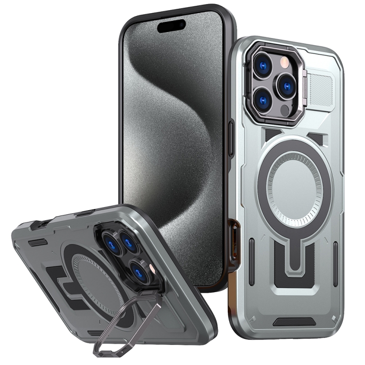 

For iPhone 15 Pro Max Shield Hollow Frame Holder MagSafe Phone Case(Grey)