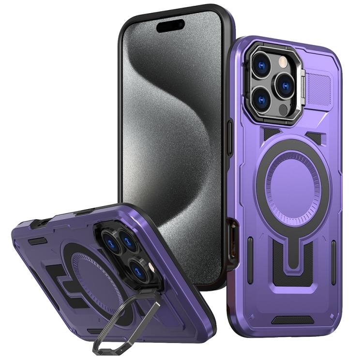 

For iPhone 15 Pro Max Shield Hollow Frame Holder MagSafe Phone Case(Purple)