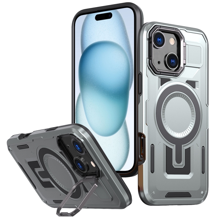 

For iPhone 15 Shield Hollow Frame Holder MagSafe Phone Case(Grey)