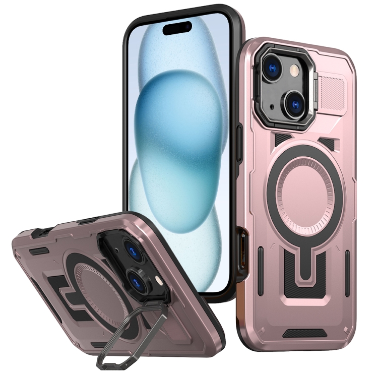 

For iPhone 15 Shield Hollow Frame Holder MagSafe Phone Case(Rose Gold)