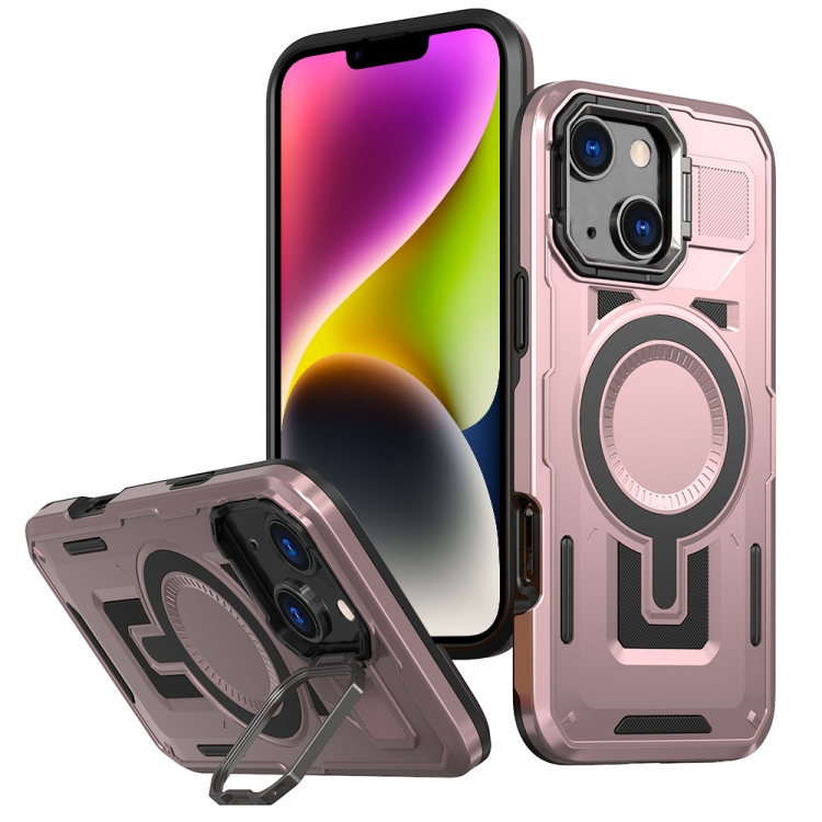 

For iPhone 14 Shield Hollow Frame Holder MagSafe Phone Case(Rose Gold)