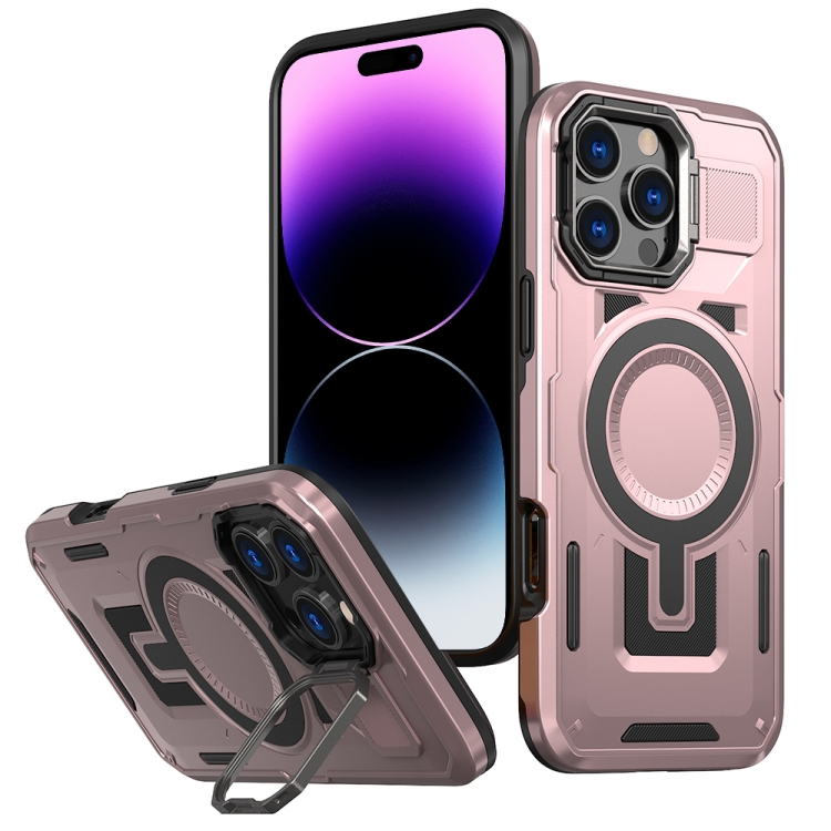 

For iPhone 14 Pro Shield Hollow Frame Holder MagSafe Phone Case(Rose Gold)