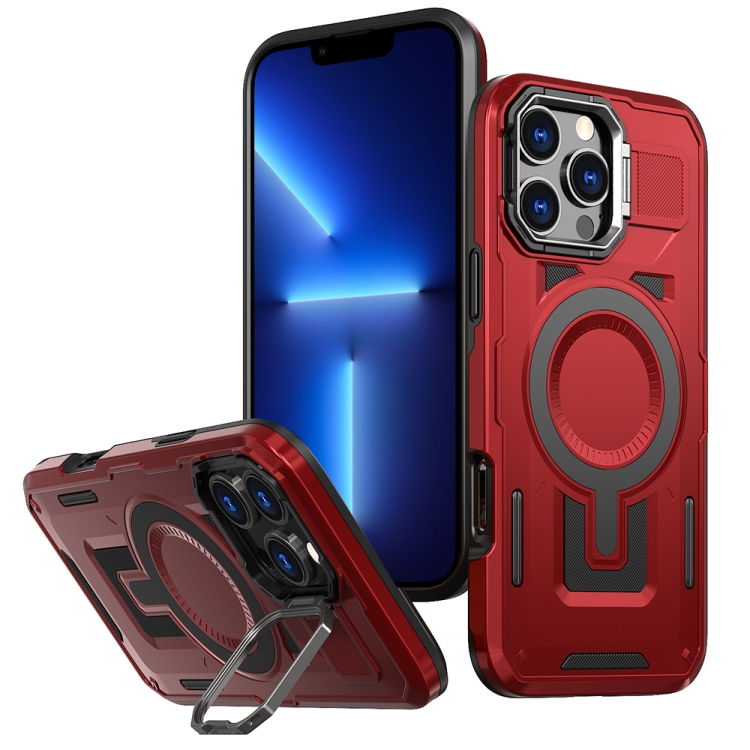 

For iPhone 13 Pro Max Shield Hollow Frame Holder MagSafe Phone Case(Red)