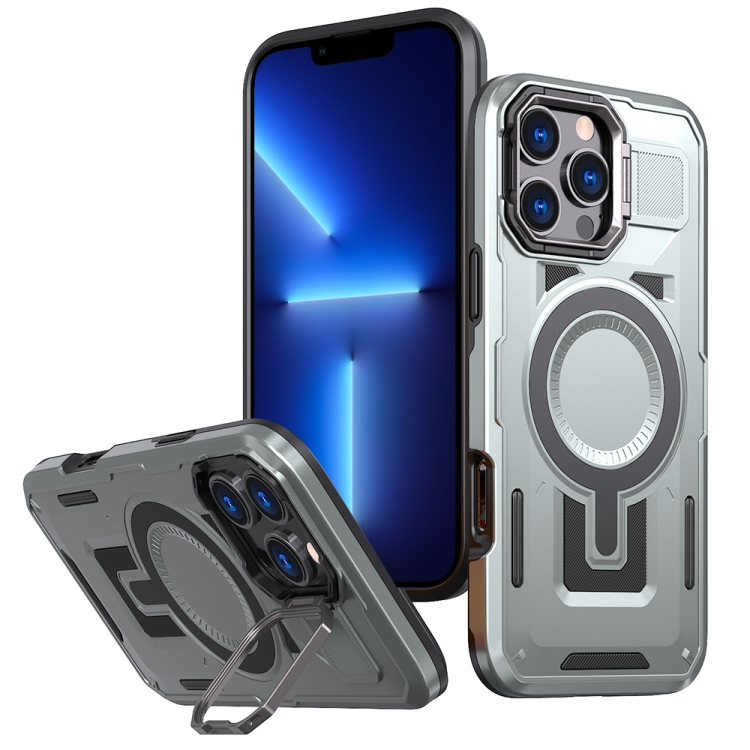 

For iPhone 13 Pro Shield Hollow Frame Holder MagSafe Phone Case(Grey)