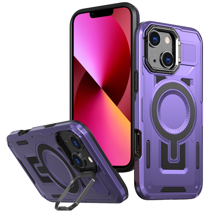 

For iPhone 13 Shield Hollow Frame Holder MagSafe Phone Case(Purple)