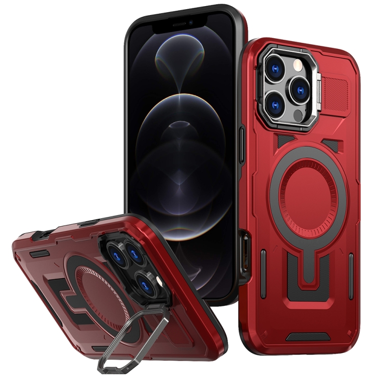 

For iPhone 12 / 12 Pro Shield Hollow Frame Holder MagSafe Phone Case(Red)