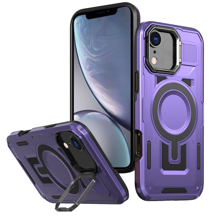 

For iPhone XR Shield Hollow Frame Holder MagSafe Phone Case(Purple)