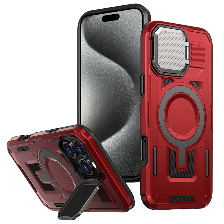 

For iPhone 15 Pro Max Shield Frame Holder MagSafe Phone Case(Red)