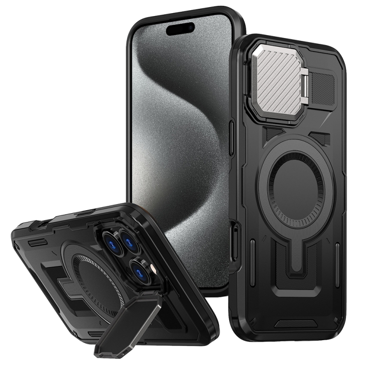 

For iPhone 15 Pro Shield Frame Holder MagSafe Phone Case(Black)