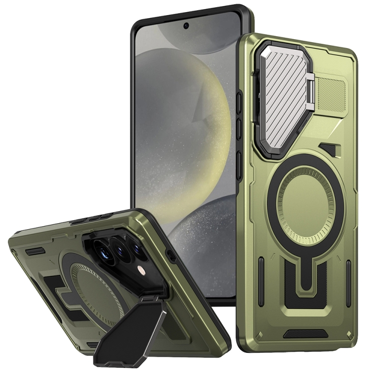 

For Samsung Galaxy S24+ 5G Shield Frame Holder MagSafe Phone Case(Olive Green)
