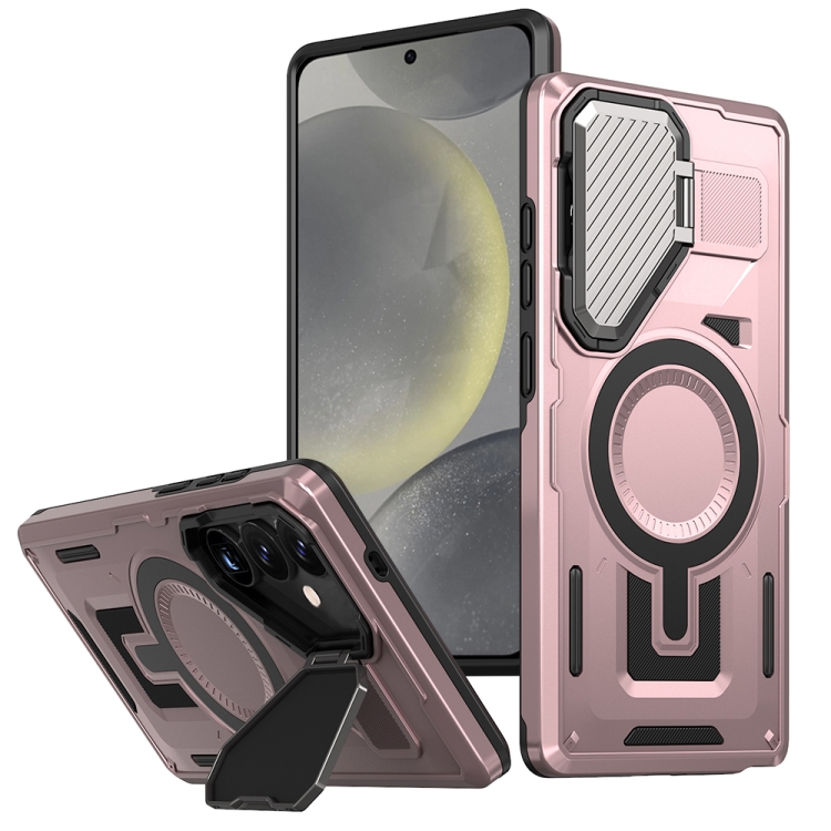 

For Samsung Galaxy S24 5G Shield Frame Holder MagSafe Phone Case(Rose Gold)