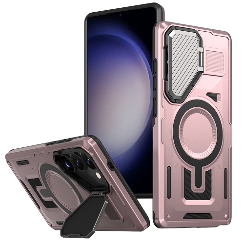 

For Samsung Galaxy S23+ 5G Shield Frame Holder MagSafe Phone Case(Rose Gold)