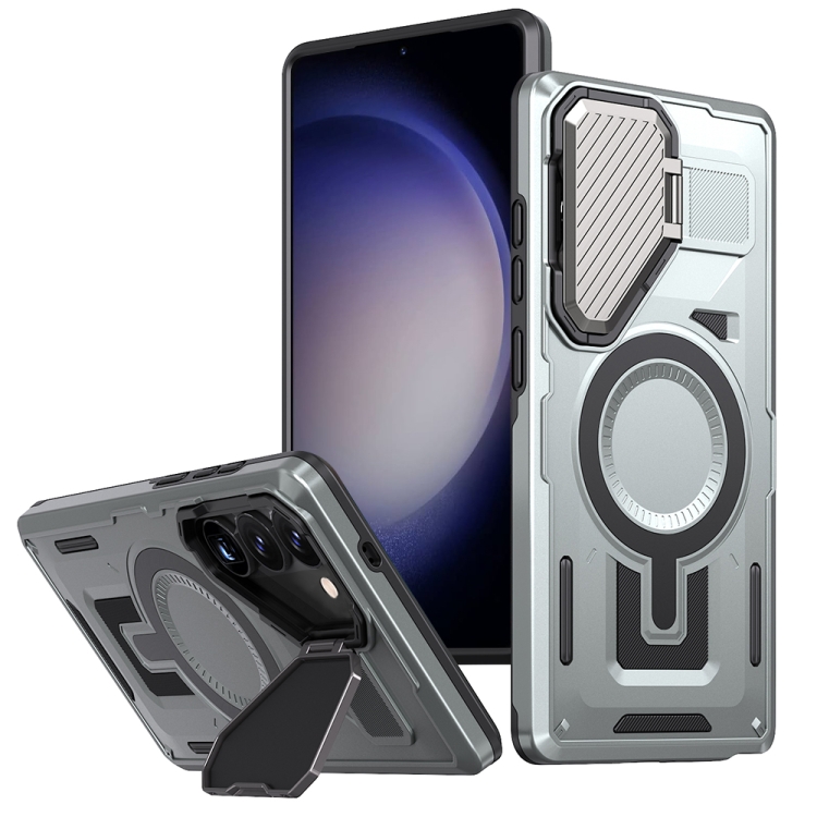 

For Samsung Galaxy S23+ 5G Shield Frame Holder MagSafe Phone Case(Grey)