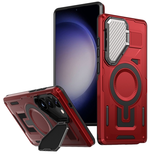 

For Samsung Galaxy S23 5G Shield Frame Holder MagSafe Phone Case(Red)