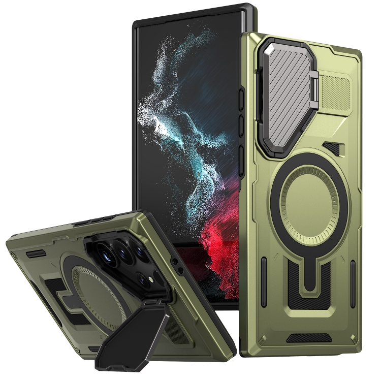 

For Samsung Galaxy S23 Ultra 5G Shield Frame Holder MagSafe Phone Case(Olive Green)