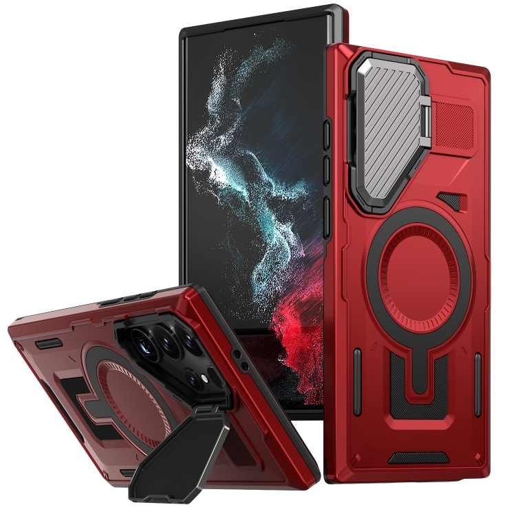 

For Samsung Galaxy S22 Ultra 5G Shield Frame Holder MagSafe Phone Case(Red)