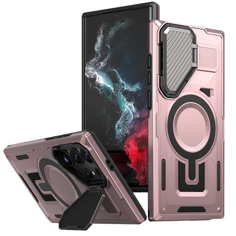 

For Samsung Galaxy S22 Ultra 5G Shield Frame Holder MagSafe Phone Case(Rose Gold)