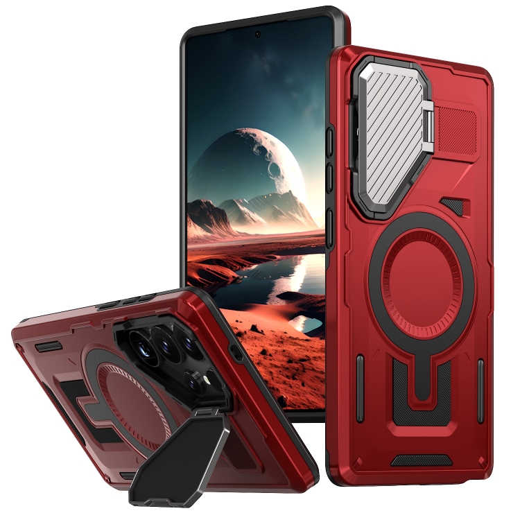 

For Samsung Galaxy S25 Ultra 5G Shield Frame Holder MagSafe Phone Case(Red)